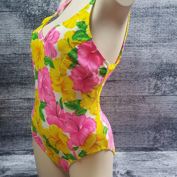 Sea Belle Women's One Piece Swimsuit Hawaiian Hibiscus Pattern Size 14 - Picture 2 of 9